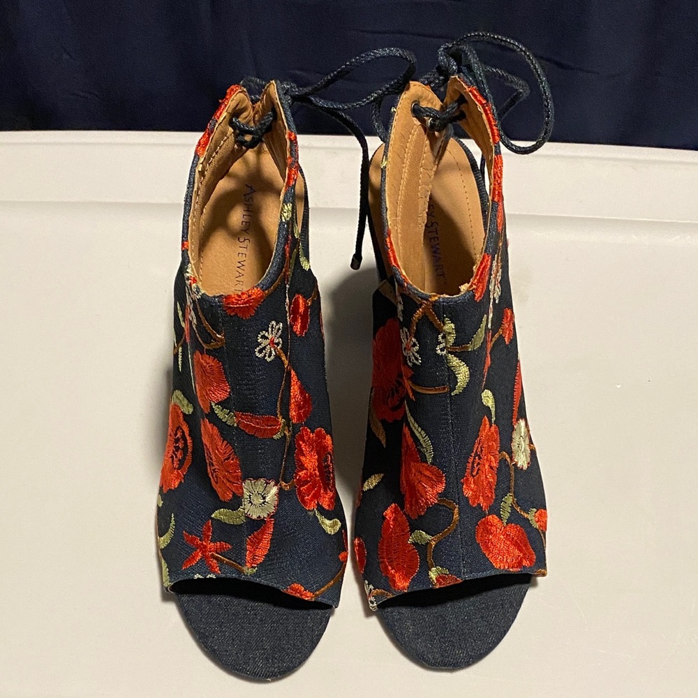 Ashley Stewart Blue Denim Floral Open-Toe Heels